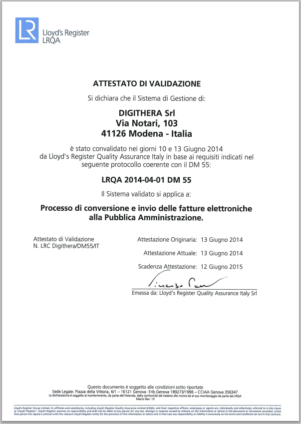 Attestato di Certificazione Digithera